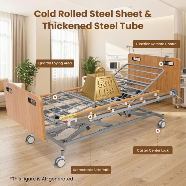Careboda Full Electric Hospital Bed for Home Use – 5-Function Adjustable with German Motor, 4" PU Memory Foam Mattress, Foldable Safety Rails, Remote, Overbed Table, Height 9.4"–28.5", Up to 530 lbs