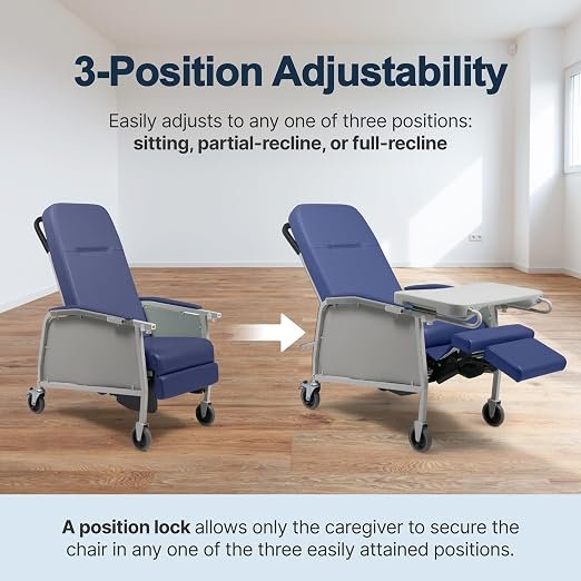 Lumex 3-Position Medical Recliner, Reclining Geri Chair with Wheels, Royal Blue