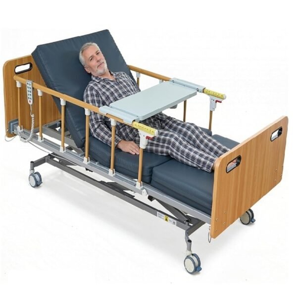 Careboda Full Electric Hospital Bed for Home Use – 5-Function Adjustable with German Motor, 4" PU Memory Foam Mattress, Foldable Safety Rails, Remote, Overbed Table, Height 9.4"–28.5", Up to 530 lbs