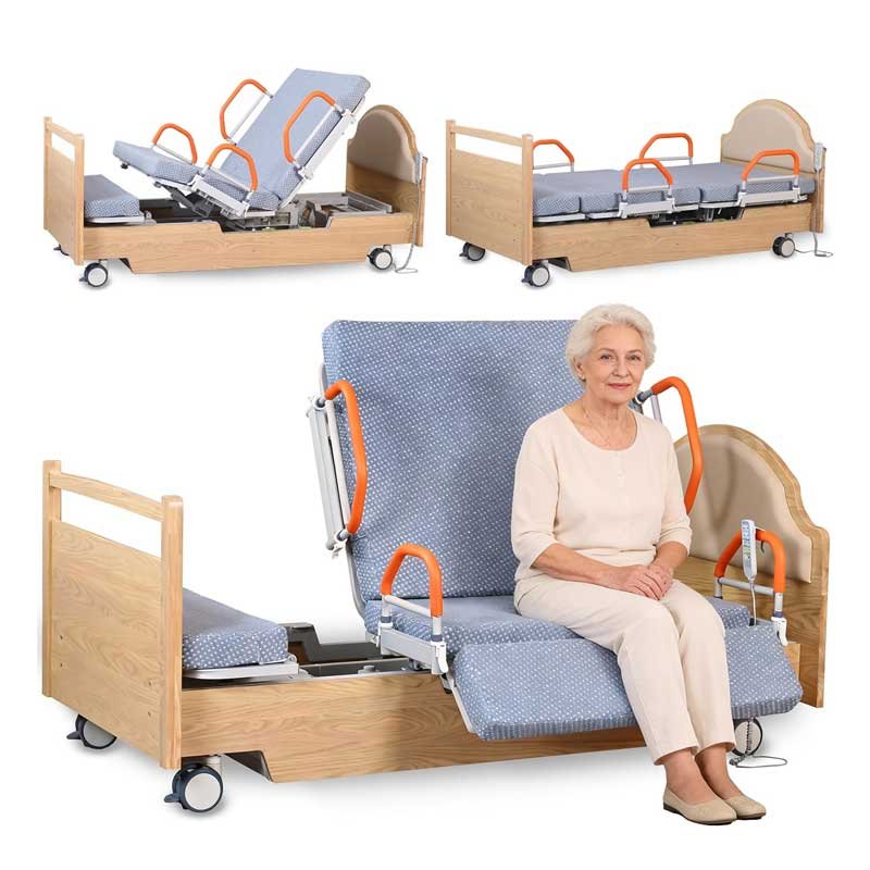 Full Rotating Electric Hospital Bed for Home Use with 90° Rotation, Premium 5 Function Lateral Tilting Medical Bed with 8cm Mattress, Side Rails, Oak Finish, Locking Casters, 550lbs Capacity
