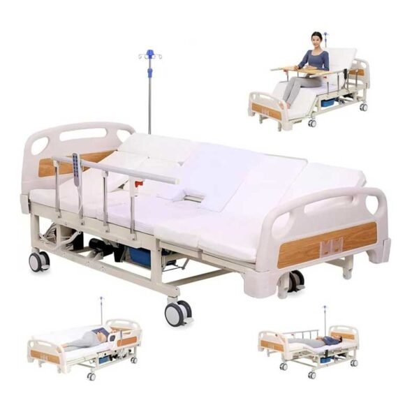 Falluk Full Electric Hospital ICU Bed for Home Use with 10 Fuctions, Lateral Tilting Features, with Remote Control, Individual Locking, IV Pole, Mattress, Quiet Wheels, Dining Table Board