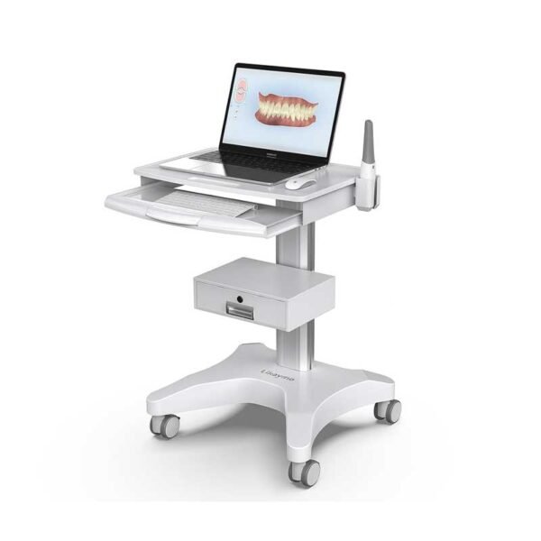 Medical Trolley Cart with Laptop Tray and Oral Scanner Holder, Mobile Workstation on Wheels with a Drawer for Hospital Dental Clinics Beauty Salons (OC-3) | Aviation aluminum, 360° lockable wheels, lockable drawer, 30kg load capacity, universal scanner holder for dental clinic use