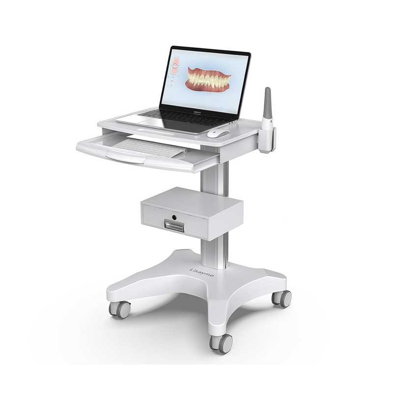 Medical Trolley Cart with Laptop Tray and Oral Scanner Holder, Mobile Workstation on Wheels with a Drawer for Hospital Dental Clinics Beauty Salons (OC-3) | Aviation aluminum, 360° lockable wheels, lockable drawer, 30kg load capacity, universal scanner holder for dental clinic use