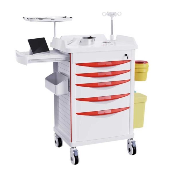 Rolling Emergency Medical Storage Crash Cart with Drawers -CPR Board, IV Pole, Silent Casters, Trash Bin, O2 Holder, Drawer with Dividers, File Box, Nursing Cart for Clinic, Hospital, Salon