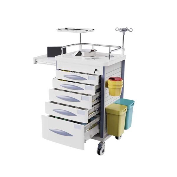 Rolling Emergency Medical Storage Crash Cart with Drawers -CPR Board, IV Pole, Silent Casters, Trash Bin, O2 Holder, Drawer with Dividers, File Box, Nursing Cart for Clinic, Hospital, Salon