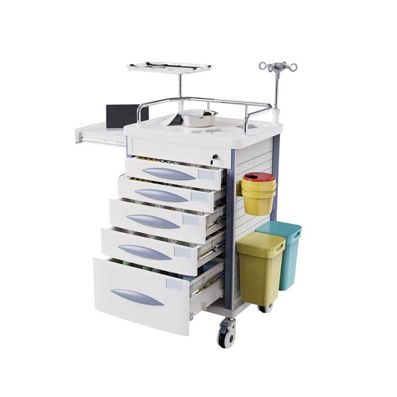 Rolling Emergency Medical Storage Crash Cart with Drawers -CPR Board, IV Pole, Silent Casters, Trash Bin, O2 Holder, Drawer with Dividers, File Box, Nursing Cart for Clinic, Hospital, Salon