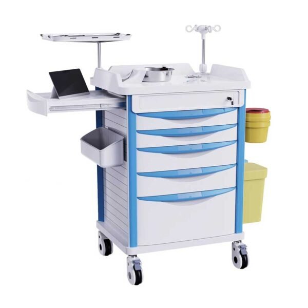 Rolling Emergency Medical Storage Crash Cart with Drawers -CPR Board, IV Pole, Silent Casters, Trash Bin, O2 Holder, Drawer with Dividers, File Box, Nursing Cart for Clinic, Hospital, Salon