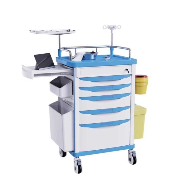 Rolling Emergency Medical Storage Crash Cart with Drawers -CPR Board, IV Pole, Silent Casters, Trash Bin, O2 Holder, Drawer with Dividers, File Box, Nursing Cart for Clinic, Hospital, Salon