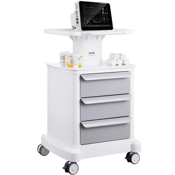 VEVOR 4 Tiers Lab Carts, Lab Utility Cart with 3 Drawers & 1 Top Tray, Mobile Medical Cart with ABS Material, Lab Rolling Cart with 4 Silent Wheels for Lab, Clinic, Hospital, Salon, White