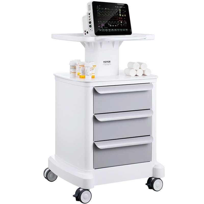 VEVOR 4 Tiers Lab Carts, Lab Utility Cart with 3 Drawers & 1 Top Tray, Mobile Medical Cart with ABS Material, Lab Rolling Cart with 4 Silent Wheels for Lab, Clinic, Hospital, Salon, White