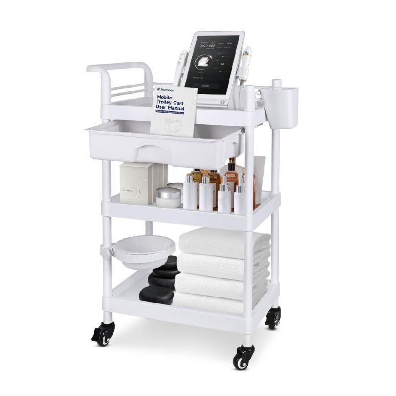 Medical Carts with Wheels 3-Tier Mobile Trolley Cart 100 LBS Max Load Medical Rolling Utility Cart with Drawers Dirt Basin Storage Buckets for Hospital Dental Clinic Lab Salon Home