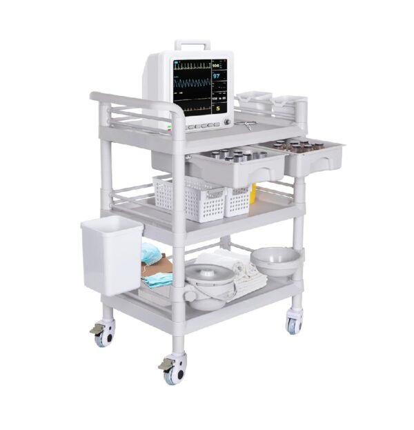 Mobile Medical Carts 3 Tier Professional Utility Cart 330 LBS Max Load Rolling Crash Cart Ultrasound Trolley with Wheels Drawers Dirt Bucket Sharps Box Storage Basket for Hospital Dental Clinic Home