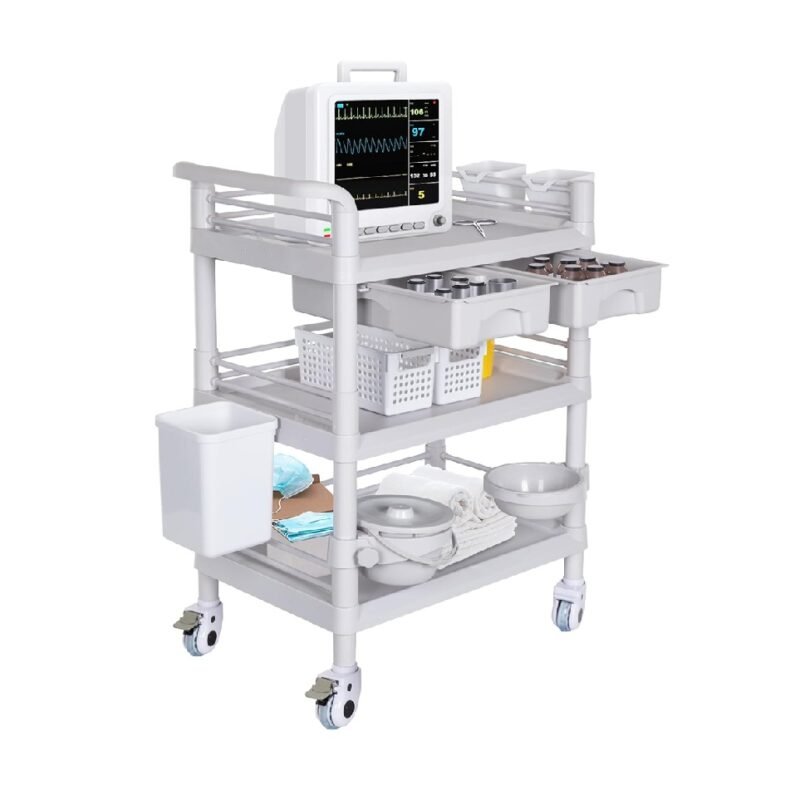 Mobile Medical Carts 3 Tier Professional Utility Cart 330 LBS Max Load Rolling Crash Cart Ultrasound Trolley with Wheels Drawers Dirt Bucket Sharps Box Storage Basket for Hospital Dental Clinic Home