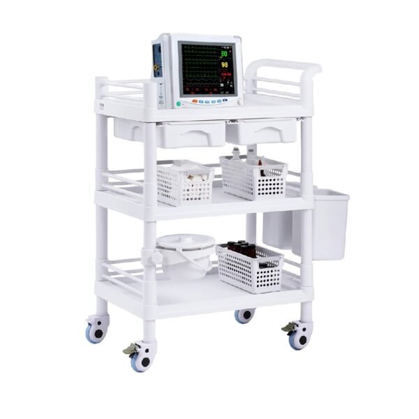 VEVOR Medical Mobile Trolley Cart with 2 Drawers & 3 Trash Cans, 3 Tiers Beauty Salon Rolling Trolley with 4 Silent Wheels & 2 Dirts Bucket & Bowl, Medical Utility Cart for Hospital Dental Clinic Lab